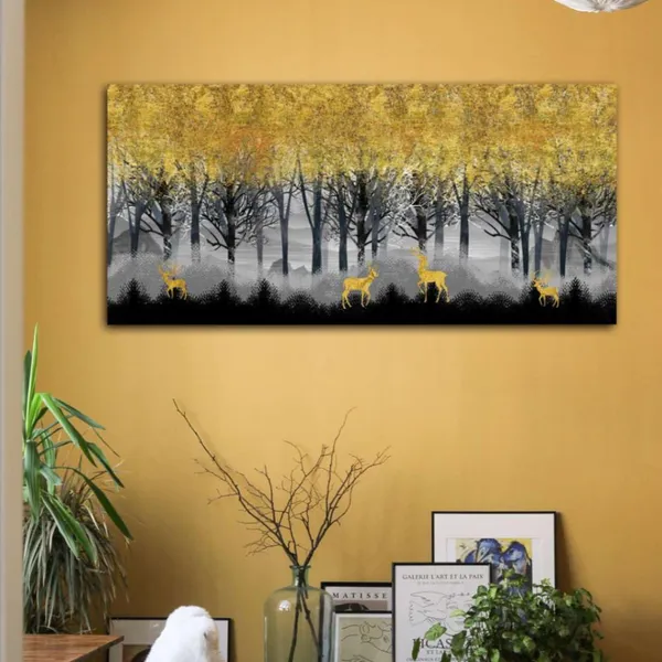 Multicolour_Beautiful_Landscape_Golden_Deers_In_Dark_Forest_Canvas_Painting_Wall_Frame_Wall_Decor_For_Living_Room,_Modern_Art_Painting_(Ready_To_Hang)_(48_By_24_Inches)