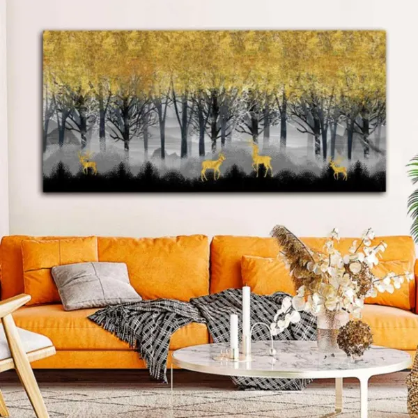 Multicolour_Beautiful_Landscape_Golden_Deers_In_Dark_Forest_Canvas_Painting_Wall_Frame_Wall_Decor_For_Living_Room,_Modern_Art_Painting_(Ready_To_Hang)_(48_By_24_Inches)