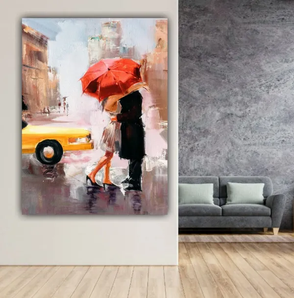Multicolour_Beautiful_Couple_Under_The_Red_Umbrella_On_Street_Canvas_Abstract_Modern_Art_Painting_For_Living_Room_(With_Frame)_(18_By_24_Inches)