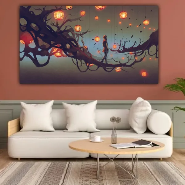 Multicolour_Girl_Walking_On_Tree_Branch_Lit_Lanterns_Beautiful_Abstract_Modern_Wall_Art_Canvas_Painting_Frame_For_Living_Room_|_Bedroom_(With_Frame)_(36_By_24_Inches)