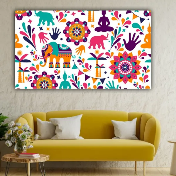 Multicolour_Beautiful_Madhubani_Paintings_Modern_Wall_Art_Decor_Canvas_Painting_For_Living_Room_|_Bedroom_|_Office_Walls_(With_Frame)_(48_By_24_Inches)