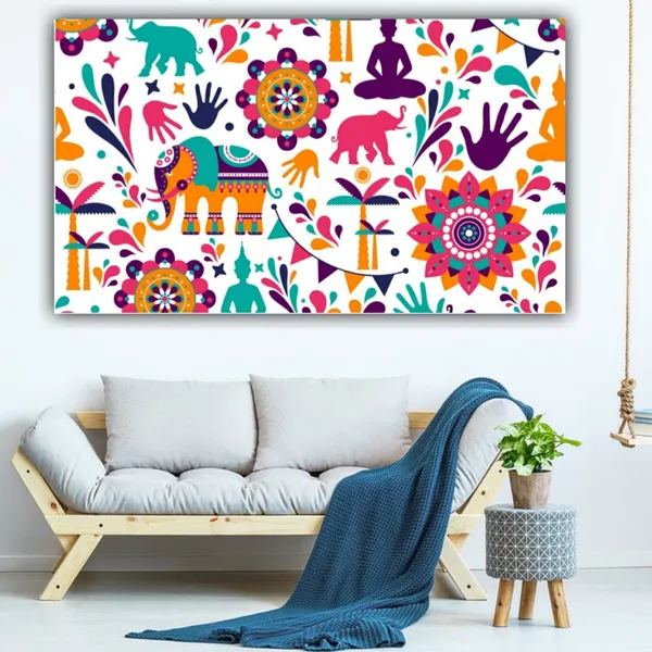Multicolour_Beautiful_Madhubani_Paintings_Modern_Wall_Art_Decor_Canvas_Painting_For_Living_Room_|_Bedroom_|_Office_Walls_(With_Frame)_(48_By_24_Inches)