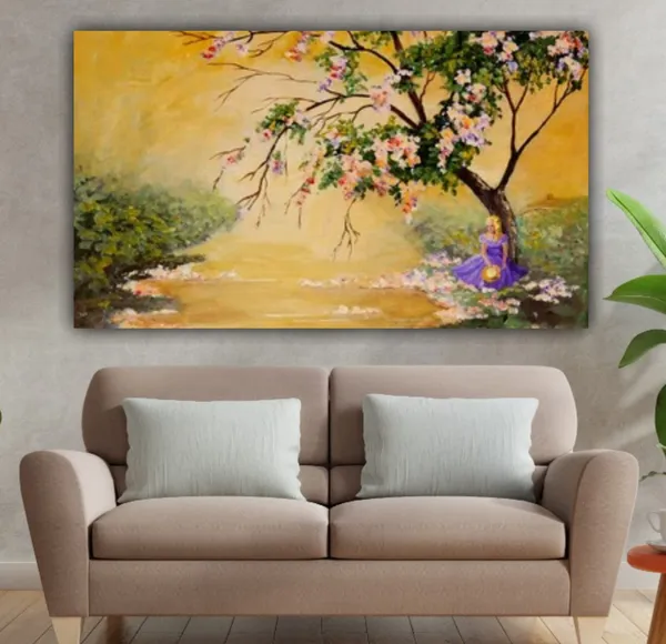 Multicolour_Beautiful_Blooming_Tree_And_A_Princess_Near_A_River_Bank_Autumn_Forest_Landscape_Canvas_Paintings_Big_Large_Size_Abstract_Modern_Art_(With_Wooden_Frame)_(60_By_30_Inches)