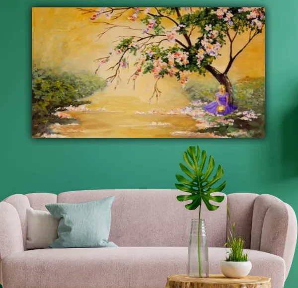 Multicolour_Beautiful_Blooming_Tree_And_A_Princess_Near_A_River_Bank_Autumn_Forest_Landscape_Canvas_Paintings_Big_Large_Size_Abstract_Modern_Art_(With_Wooden_Frame)_(60_By_30_Inches)