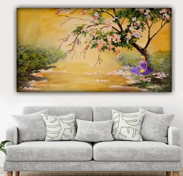 Multicolour_Beautiful_Blooming_Tree_And_A_Princess_Near_A_River_Bank_Autumn_Forest_Landscape_Canvas_Paintings_Big_Large_Size_Abstract_Modern_Art_(With_Wooden_Frame)_(60_By_30_Inches)