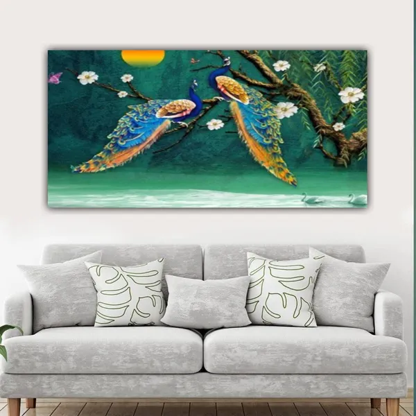 Multicolour_Beautiful_Peacocks_Painting_For_Living_Room_Wall_Decoration_Big_Large_Size_Photo_Frame_Abstract_Modern_Art_Paintings_(With_Frame)_(48_By_24_Inches_|_120_By_60_Cm)