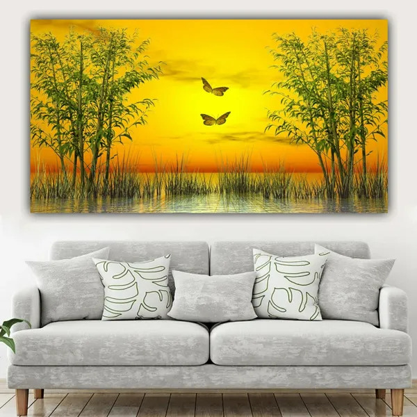 Multicolour_Beautiful_Sunrise_Landscape_Butterfly_Canvas_Painting_Big_Large_Size_For_Living_Room_|_Bedroom_|_Office_Walls_|_Home_Decoration_(With_Frame)_(48_By_24_Inches)