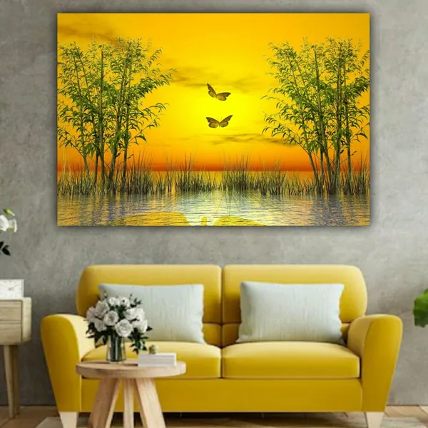 Multicolour_Beautiful_Sunrise_Landscape_Butterfly_Canvas_Painting_Big_Large_Size_For_Living_Room_|_Bedroom_|_Office_Walls_|_Home_Decoration_(With_Frame)_(48_By_24_Inches)