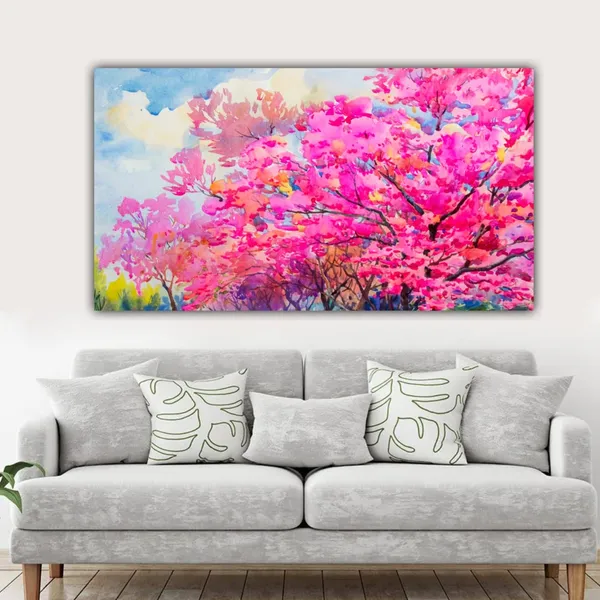 Multicolour_Beautiful_Pink_Flower_Tree_Canvas_Landscape_Paintings_Abstract_Modern_Wall_Art_Decor_Painting_Frame_For_Living_Room_(With_Frame)_(48_By_24_Inches_|_120_By_60_Cm)