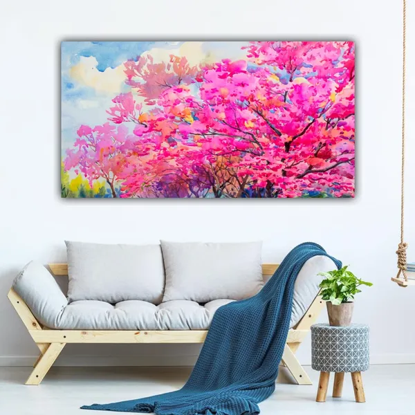 Multicolour_Beautiful_Pink_Flower_Tree_Canvas_Landscape_Paintings_Abstract_Modern_Wall_Art_Decor_Painting_Frame_For_Living_Room_(With_Frame)_(48_By_24_Inches_|_120_By_60_Cm)