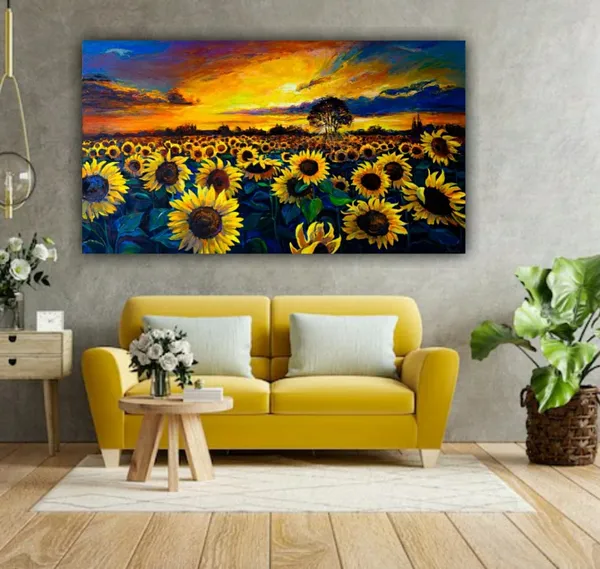 Multicolour_Canvas_Paintings_For_Living_Room_Beautiful_Sunflower_Field_Abstract_Design_Wall_Art_Painting_(With_Frame)_(48_By_24_Inches)