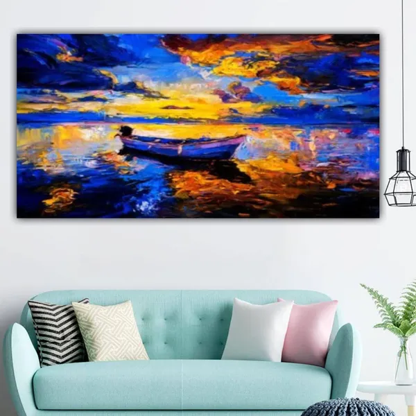 Multicolour_Beautiful_Sunset_And_Boat_Near_River_Landscape_Painting_Canvas_Abstract_Modern_Art_Big_Large_Size_Photo_Frame_For_Wall_Decor_Living_Room_(With_Frame)_(48_By_24_Inches)