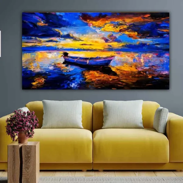 Multicolour_Beautiful_Sunset_And_Boat_Near_River_Landscape_Painting_Canvas_Abstract_Modern_Art_Big_Large_Size_Photo_Frame_For_Wall_Decor_Living_Room_(With_Frame)_(48_By_24_Inches)