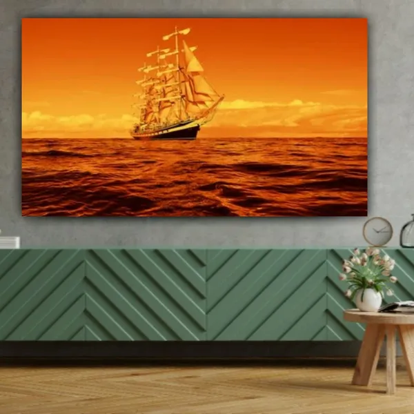 Multicolour_Beautiful_Canvas_Paintings_Sailing_Ship_In_A_Golden_Sunset_For_Living_Room_(With_Frame)_(48_By_24_Inches)