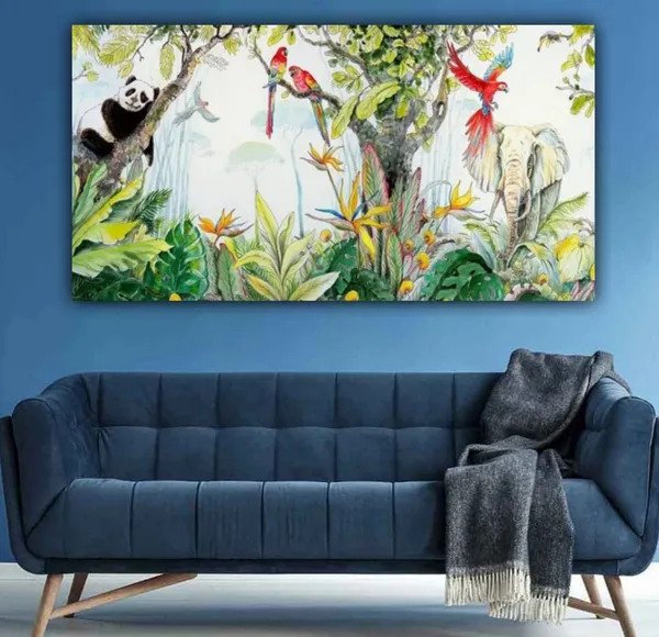 Multicolour_Beautiful_Canvas_Painting_Wildlife_Animals_And_A_Sleeping_Panda_In_A_Forest_Jungle_Landscape_Abstract_Modern_Wall_Art_Big_Large_Size_Paintings_(With_Frame)_(48_By_24_Inches)