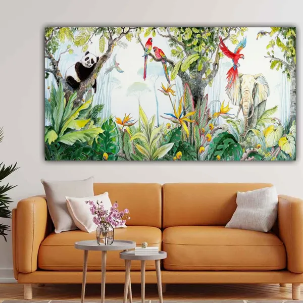 Multicolour_Beautiful_Canvas_Painting_Wildlife_Animals_And_A_Sleeping_Panda_In_A_Forest_Jungle_Landscape_Abstract_Modern_Wall_Art_Big_Large_Size_Paintings_(With_Frame)_(48_By_24_Inches)