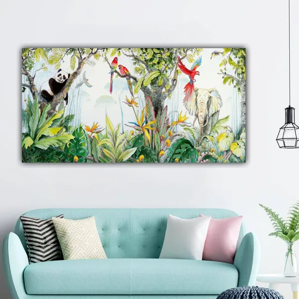 Multicolour_Beautiful_Canvas_Painting_Wildlife_Animals_And_A_Sleeping_Panda_In_A_Forest_Jungle_Landscape_Abstract_Modern_Wall_Art_Big_Large_Size_Paintings_(With_Frame)_(48_By_24_Inches)