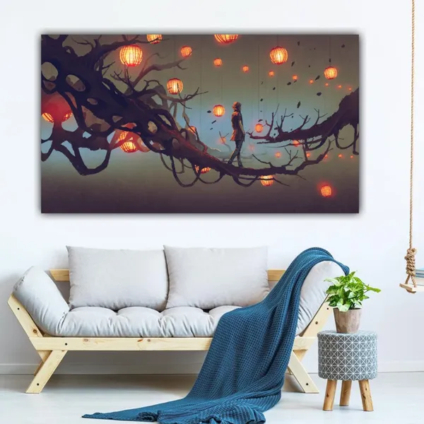 Multicolour_Girl_Walking_On_Tree_Branch_Lit_Lanterns_Beautiful_Canvas_Painting_Frame_For_Living_Room_|_Bedroom_Big_Size_(With_Frame)_(60_By_30_Inches)