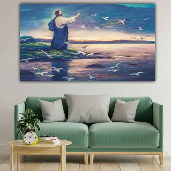Multicolour_Beautiful_Canvas_Painting_Jesus_Feeding_Birds_Abstract_Ancient_Wall_Art_Big_Size_Paintings_For_Home_Decor_|_Living_Room_|_Bedroom_(With_Frame)_(48_By_24_Inches_|_120_By_60_Cm)
