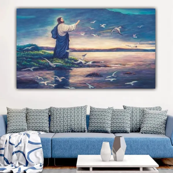 Multicolour_Beautiful_Canvas_Painting_Jesus_Feeding_Birds_Abstract_Ancient_Wall_Art_Big_Size_Paintings_For_Home_Decor_|_Living_Room_|_Bedroom_(With_Frame)_(48_By_24_Inches_|_120_By_60_Cm)