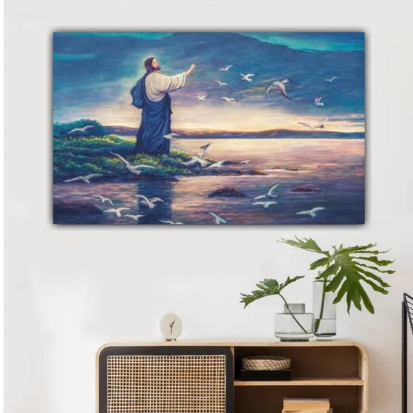 Multicolour_Beautiful_Canvas_Painting_Jesus_Feeding_Birds_Abstract_Ancient_Wall_Art_Big_Size_Paintings_For_Home_Decor_|_Living_Room_|_Bedroom_(With_Frame)_(48_By_24_Inches_|_120_By_60_Cm)