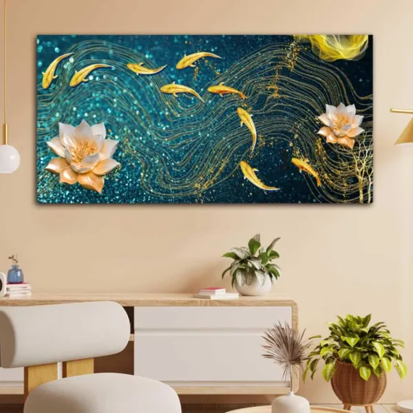 Multicolour_Beautiful_Landscape_Modern_Golden_Lotus_With_Golden_Fish_Canvas_Painting_Wall_Frame_Wall_Decor_For_Living_Room_|_Modern_Art_Canvas_Painting_(Ready_To_Hang)_(60_By_30_Inches)