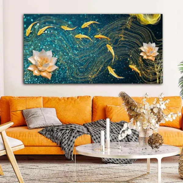 Multicolour_Beautiful_Landscape_Modern_Golden_Lotus_With_Golden_Fish_Canvas_Painting_Wall_Frame_Wall_Decor_For_Living_Room_|_Modern_Art_Canvas_Painting_(Ready_To_Hang)_(60_By_30_Inches)