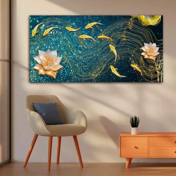 Multicolour_Beautiful_Landscape_Modern_Golden_Lotus_With_Golden_Fish_Canvas_Painting_Wall_Frame_Wall_Decor_For_Living_Room_|_Modern_Art_Canvas_Painting_(Ready_To_Hang)_(60_By_30_Inches)