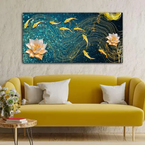 Multicolour_Beautiful_Landscape_Modern_Golden_Lotus_With_Golden_Fish_Canvas_Painting_Wall_Frame_Wall_Decor_For_Living_Room_|_Modern_Art_Canvas_Painting_(Ready_To_Hang)_(60_By_30_Inches)