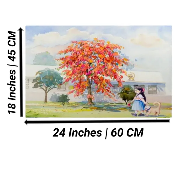 Multicolour_Beautiful_Little_Girl_With_Dog_Walking_Under_Red_Flower_Tree_Canvas_Landscape_Paintings_Abstract_Modern_Wall_Art_Decor_Painting_Frame_(With_Frame)_(18_By_24_Inches)