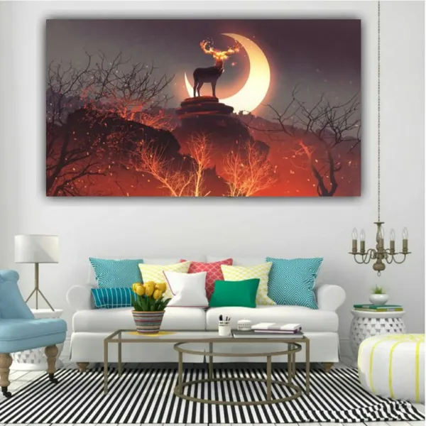 Multicolour_Canvas_Paintings_Deer_In_Forest_Modern_Wall_Art_Painting_For_Living_Room_Bedroom_Office_Walls_(With_Frame)_(60_By_30_Inches)