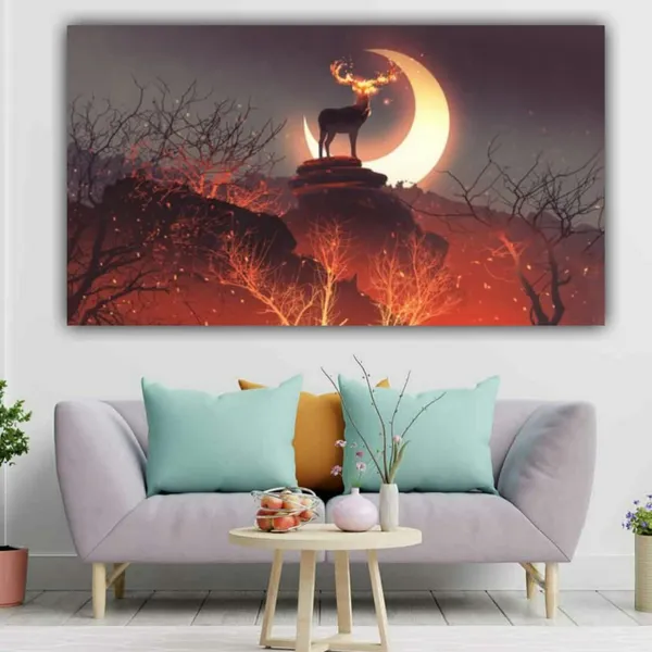 Multicolour_Canvas_Paintings_Deer_In_Forest_Modern_Wall_Art_Painting_For_Living_Room_Bedroom_Office_Walls_(With_Frame)_(60_By_30_Inches)