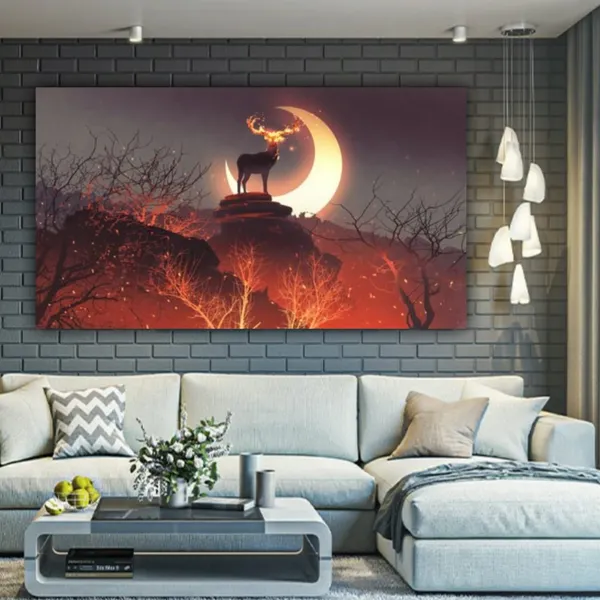 Multicolour_Canvas_Paintings_Deer_In_Forest_Modern_Wall_Art_Painting_For_Living_Room_Bedroom_Office_Walls_(With_Frame)_(60_By_30_Inches)