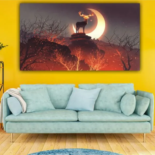 Multicolour_Canvas_Paintings_Deer_In_Forest_Modern_Wall_Art_Painting_For_Living_Room_Bedroom_Office_Walls_(With_Frame)_(60_By_30_Inches)