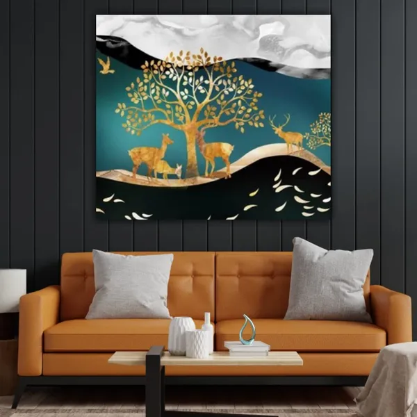 Multicolour_Beautiful_Golden_Trees_With_Birds_Painting_Canvas_Abstract_Modern_Wall_Art_Decor_Paintings_For_Living_Room_(With_Frame)_(24_By_24_Inches)