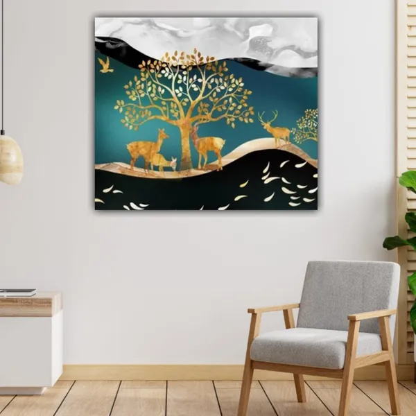 Multicolour_Beautiful_Golden_Trees_With_Birds_Painting_Canvas_Abstract_Modern_Wall_Art_Decor_Paintings_For_Living_Room_(With_Frame)_(24_By_24_Inches)