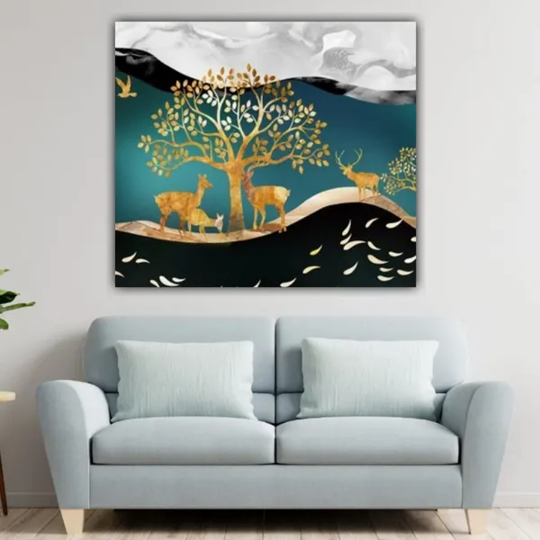 Multicolour_Beautiful_Golden_Trees_With_Birds_Painting_Canvas_Abstract_Modern_Wall_Art_Decor_Paintings_For_Living_Room_(With_Frame)_(24_By_24_Inches)