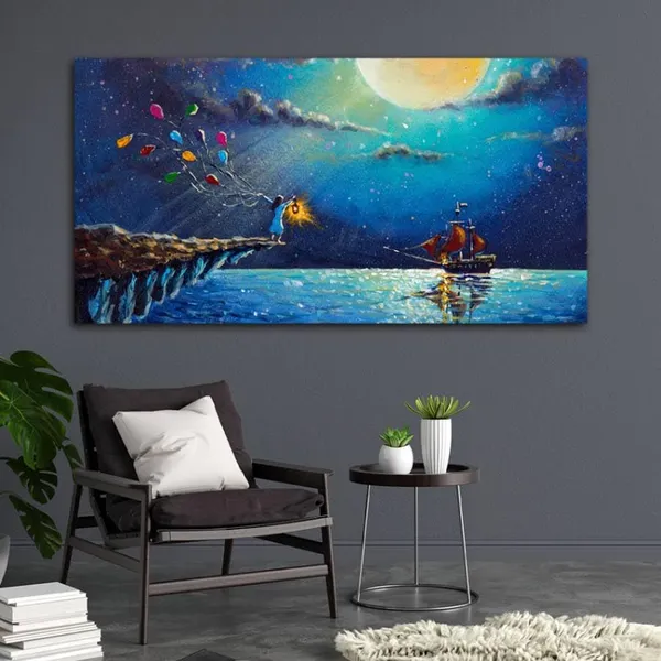 Multicolour_Beautiful_Landscape_Boat_&_Girl_Artistic_Night_Scenery_Canvas_Painting_Wall_Frame_Wall_Decor_For_Living_Room_|_Modern_Art_Canvas_Painting_(Ready_To_Hang)_(60_By_30_Inches)