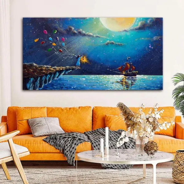 Multicolour_Beautiful_Landscape_Boat_&_Girl_Artistic_Night_Scenery_Canvas_Painting_Wall_Frame_Wall_Decor_For_Living_Room_|_Modern_Art_Canvas_Painting_(Ready_To_Hang)_(60_By_30_Inches)