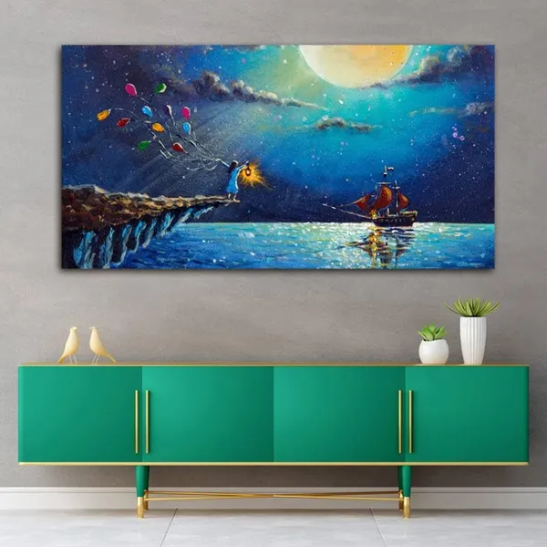 Multicolour_Beautiful_Landscape_Boat_&_Girl_Artistic_Night_Scenery_Canvas_Painting_Wall_Frame_Wall_Decor_For_Living_Room_|_Modern_Art_Canvas_Painting_(Ready_To_Hang)_(60_By_30_Inches)