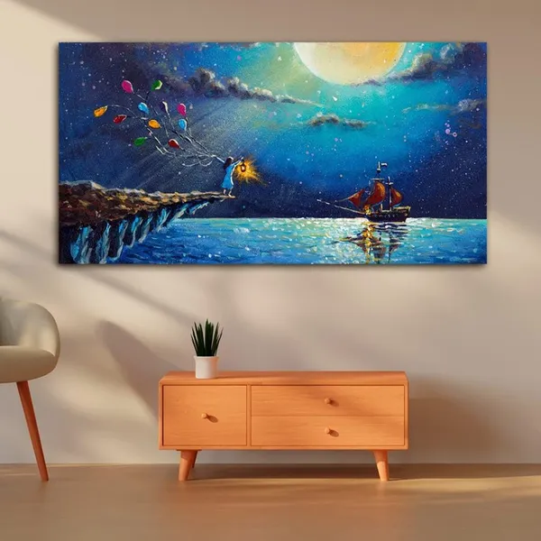 Multicolour_Beautiful_Landscape_Boat_&_Girl_Artistic_Night_Scenery_Canvas_Painting_Wall_Frame_Wall_Decor_For_Living_Room_|_Modern_Art_Canvas_Painting_(Ready_To_Hang)_(60_By_30_Inches)