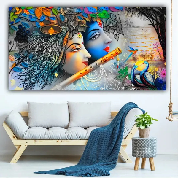 Multicolour_Beautiful_Wall_Art_Krishna_And_Radha_Canvas_Painting_For_Living_Room_(With_Frame)_(48_X_24_Inches)(Multi_Colour)