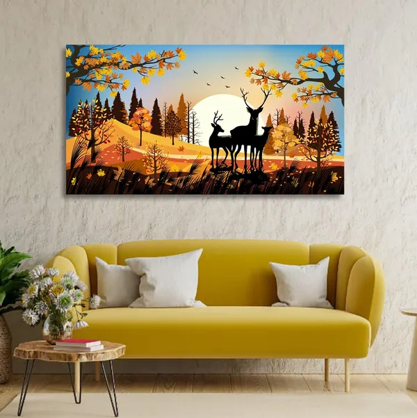Multicolour_Beautiful_Deer_Family_In_Autumn_Wood_Canvas_Painting_Wall_Frame_Wall_Decor_For_Living_Room,_Modern_Art_Painting_(Ready_To_Hang)_(48_By_24_Inches)