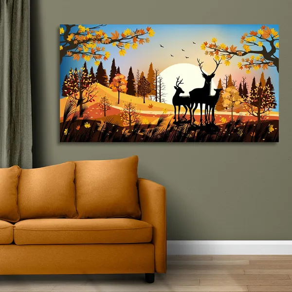 Multicolour_Beautiful_Deer_Family_In_Autumn_Wood_Canvas_Painting_Wall_Frame_Wall_Decor_For_Living_Room,_Modern_Art_Painting_(Ready_To_Hang)_(48_By_24_Inches)