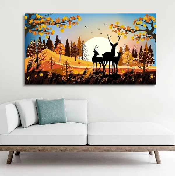 Multicolour_Beautiful_Deer_Family_In_Autumn_Wood_Canvas_Painting_Wall_Frame_Wall_Decor_For_Living_Room,_Modern_Art_Painting_(Ready_To_Hang)_(48_By_24_Inches)