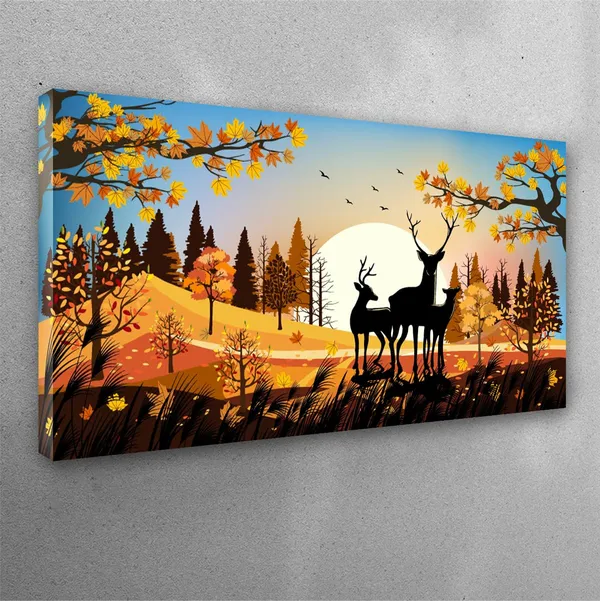 Multicolour_Beautiful_Deer_Family_In_Autumn_Wood_Canvas_Painting_Wall_Frame_Wall_Decor_For_Living_Room,_Modern_Art_Painting_(Ready_To_Hang)_(48_By_24_Inches)