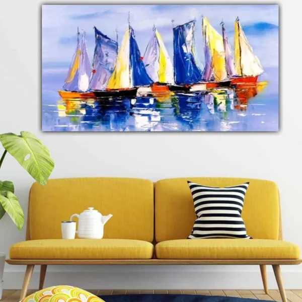 Multicolour_Canvas_Painting_Frame_Wall_Decor_Wall_Decor,_Boats_At_River_Bank_Landscape_Painting_|_Big_Large_Size_Wall_Painting_Frame_|_Canvas_Painting_(Ready_To_Hang)_(48_By_24_Inches)