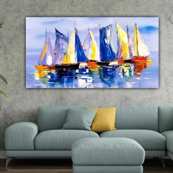 Multicolour_Canvas_Painting_Frame_Wall_Decor_Wall_Decor,_Boats_At_River_Bank_Landscape_Painting_|_Big_Large_Size_Wall_Painting_Frame_|_Canvas_Painting_(Ready_To_Hang)_(48_By_24_Inches)