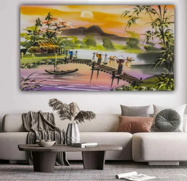 Multicolour_Beautiful_Canvas_Paintings_A_Sunrise_Morning_In_A_Village_Landscape_Abstract_Modern_Wall_Art_Large_Size_Paintings_(With_Frame)_(48_By_24_Inches_|_120_By_60_Cm)