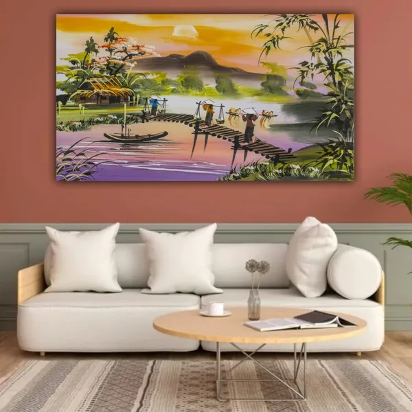 Multicolour_Beautiful_Canvas_Paintings_A_Sunrise_Morning_In_A_Village_Landscape_Abstract_Modern_Wall_Art_Large_Size_Paintings_(With_Frame)_(48_By_24_Inches_|_120_By_60_Cm)